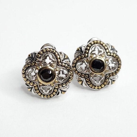 Sterling Silver Floral Filigree Ornate Earrings Black Gem Cut Stone Goldtone - Picture 1 of 6